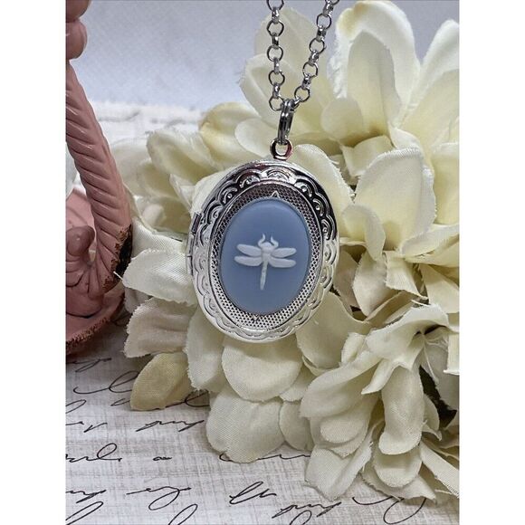 Dainty Cameo Dragonfly Locket Silver Easter Mom Blue White Daughter Gift Wedding - Picture 5 of 12